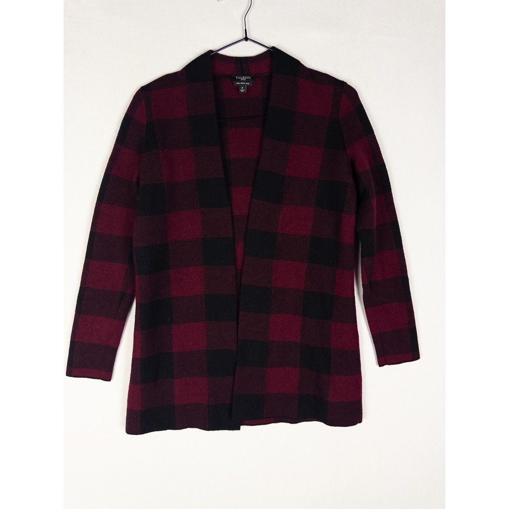 Talbots Merino Wool Cardigan Womens P Black Red Tartan Open Front Casual Knit